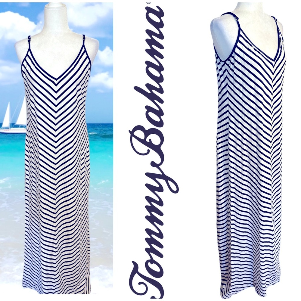 TOMMY BAHAMA - NWOT - Blue and White Stripe Maxi Dress W/Adjustable strap Size L